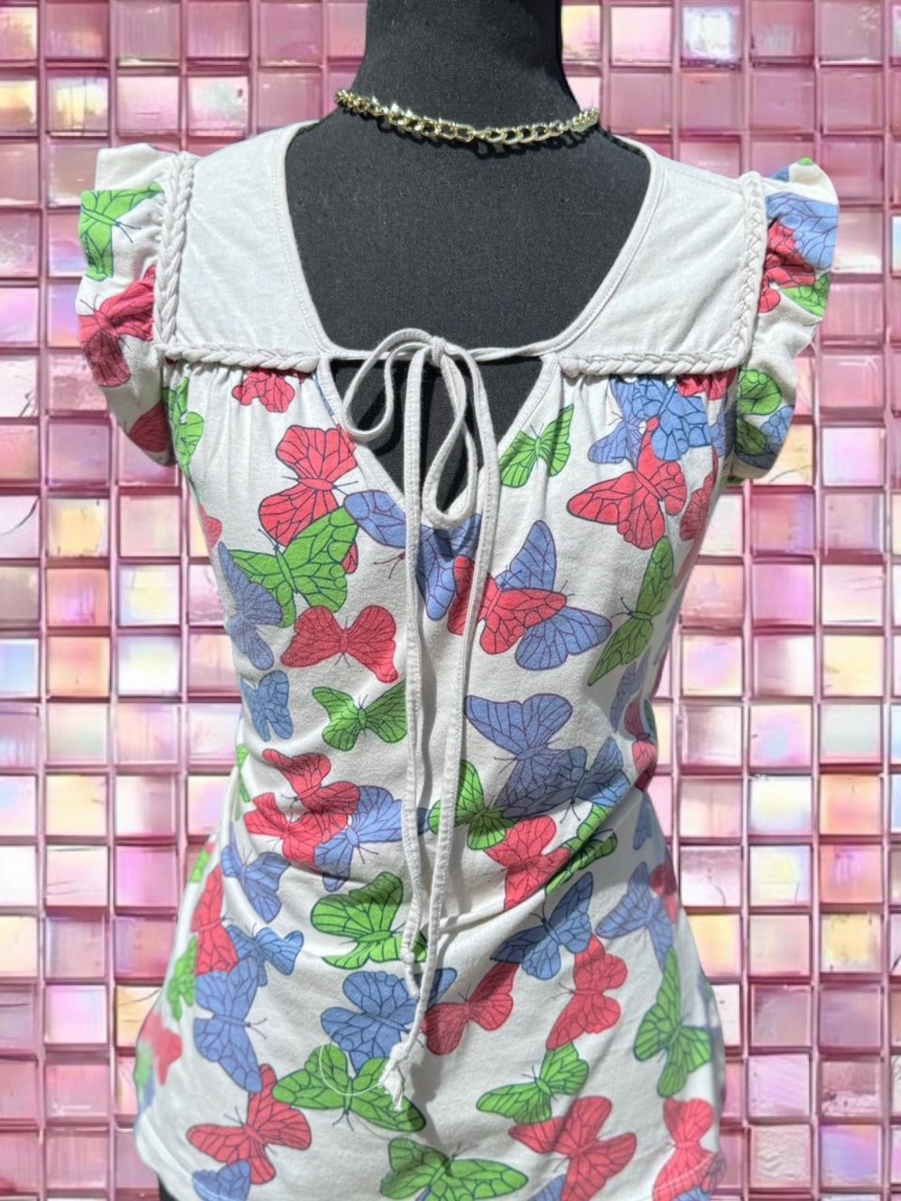 Butterfly Print Tie-Front Women’s Top - White/Multicolor